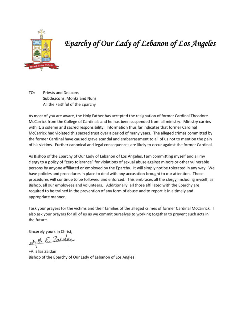 Letter From Bishop Zaidan 